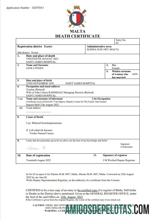 Para baixar modelo Word e PDF de certidão de óbito de Malta